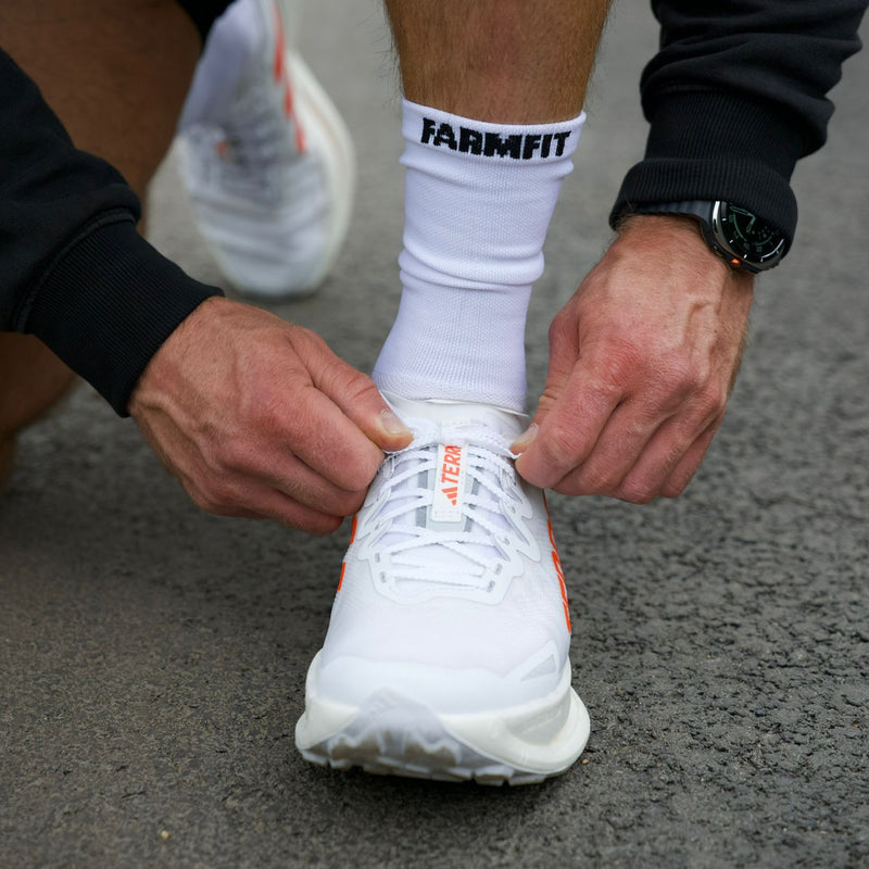 White Front Facing Farm Fitness Performance Running Socks